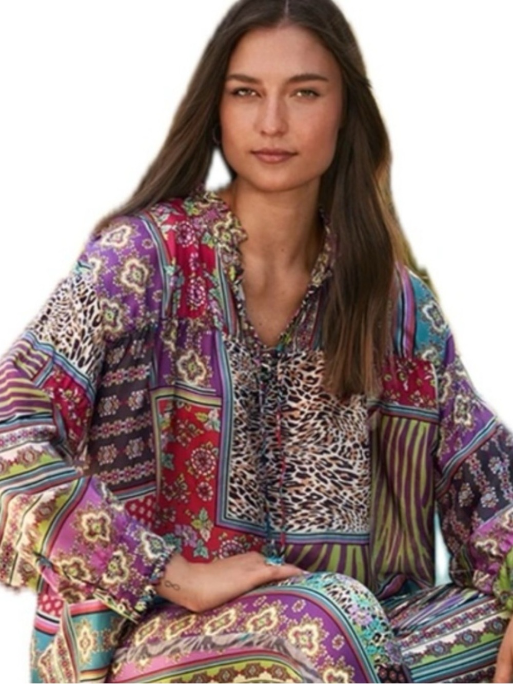 Johnny Was Patch Finn Multi Pattern Floral Animal Print 100% Silk Top S Like New